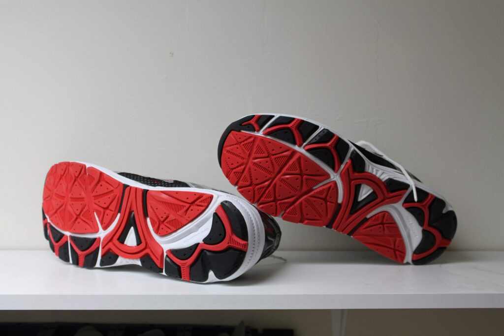 wide platform on base of running shoe